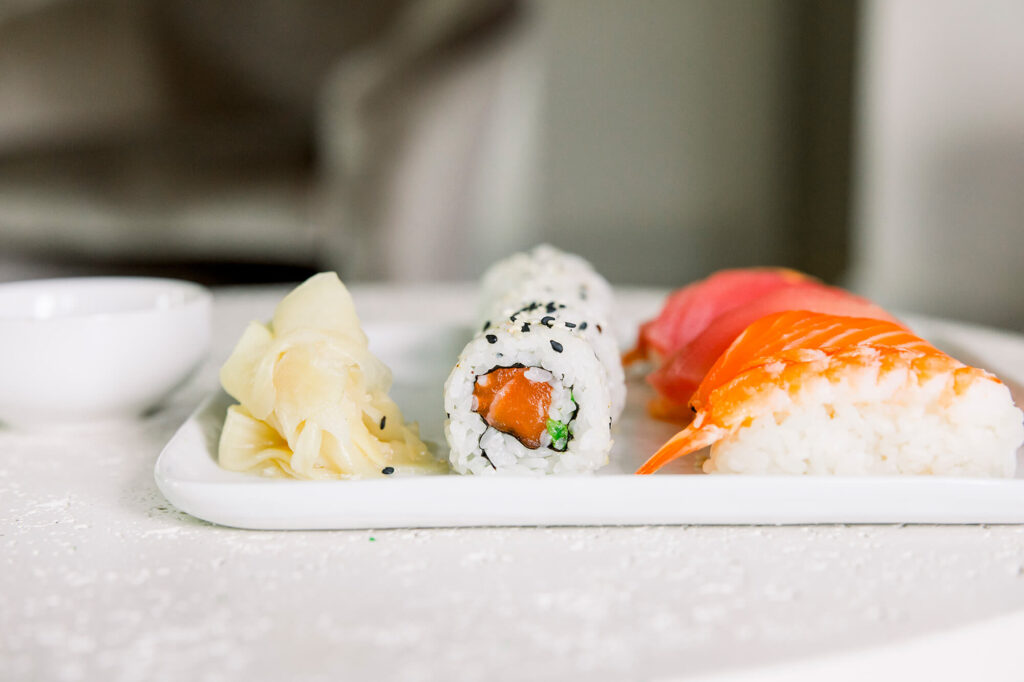 A closeup of a sushi combo platter